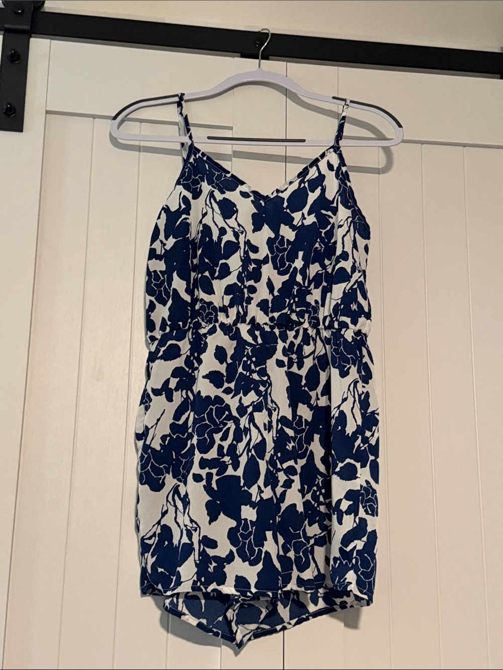 SHEIN Navy & White Floral Romper with Spaghetti Straps